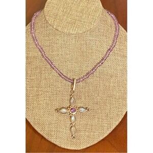 Sterling Silver Moonstone Amethyst Cross Pendant Necklace Beaded Amethyst Chain